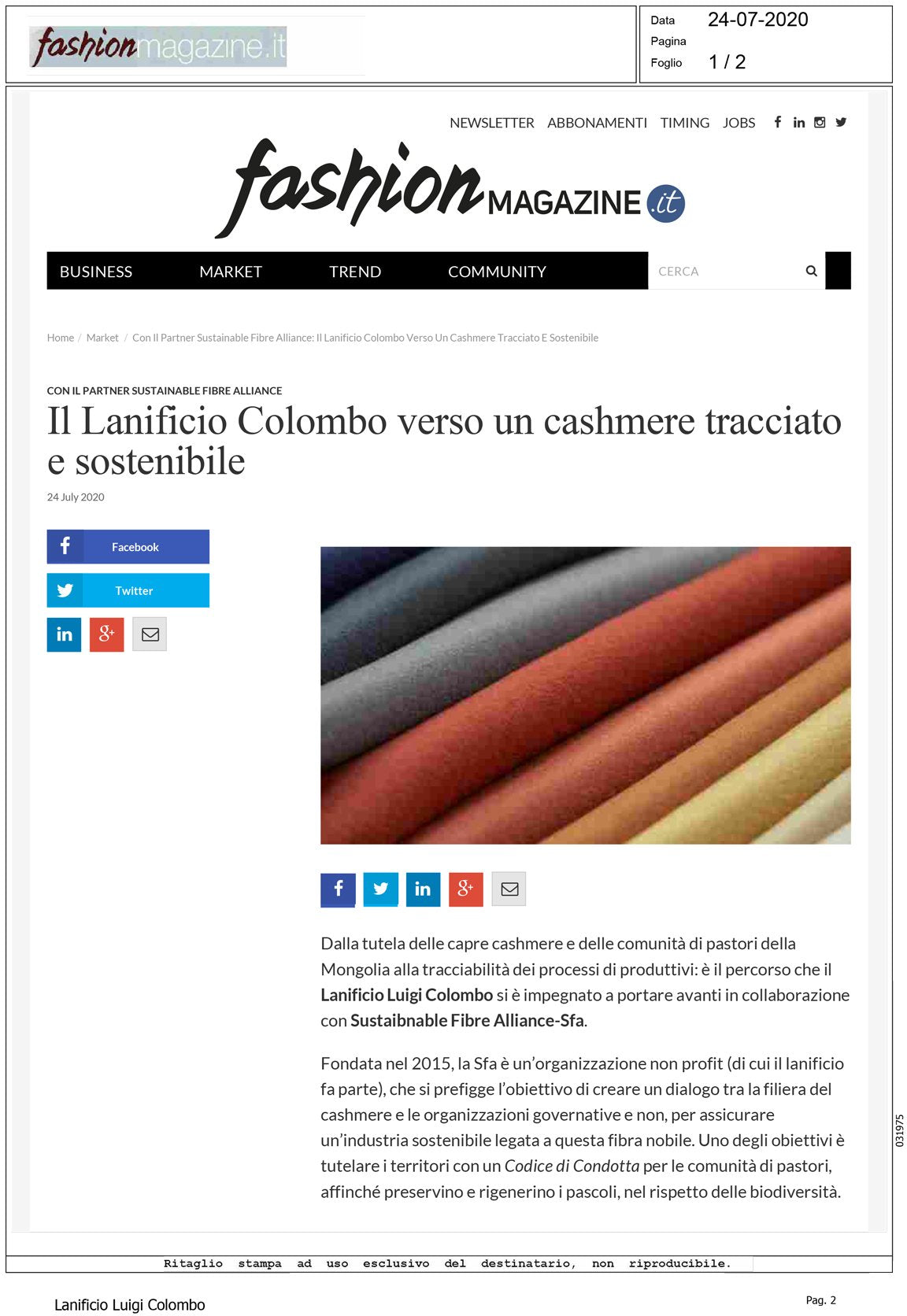 Fashion Magazine -  Il Lanificio Colombo verso un cashmere tracciabile e sostenibile