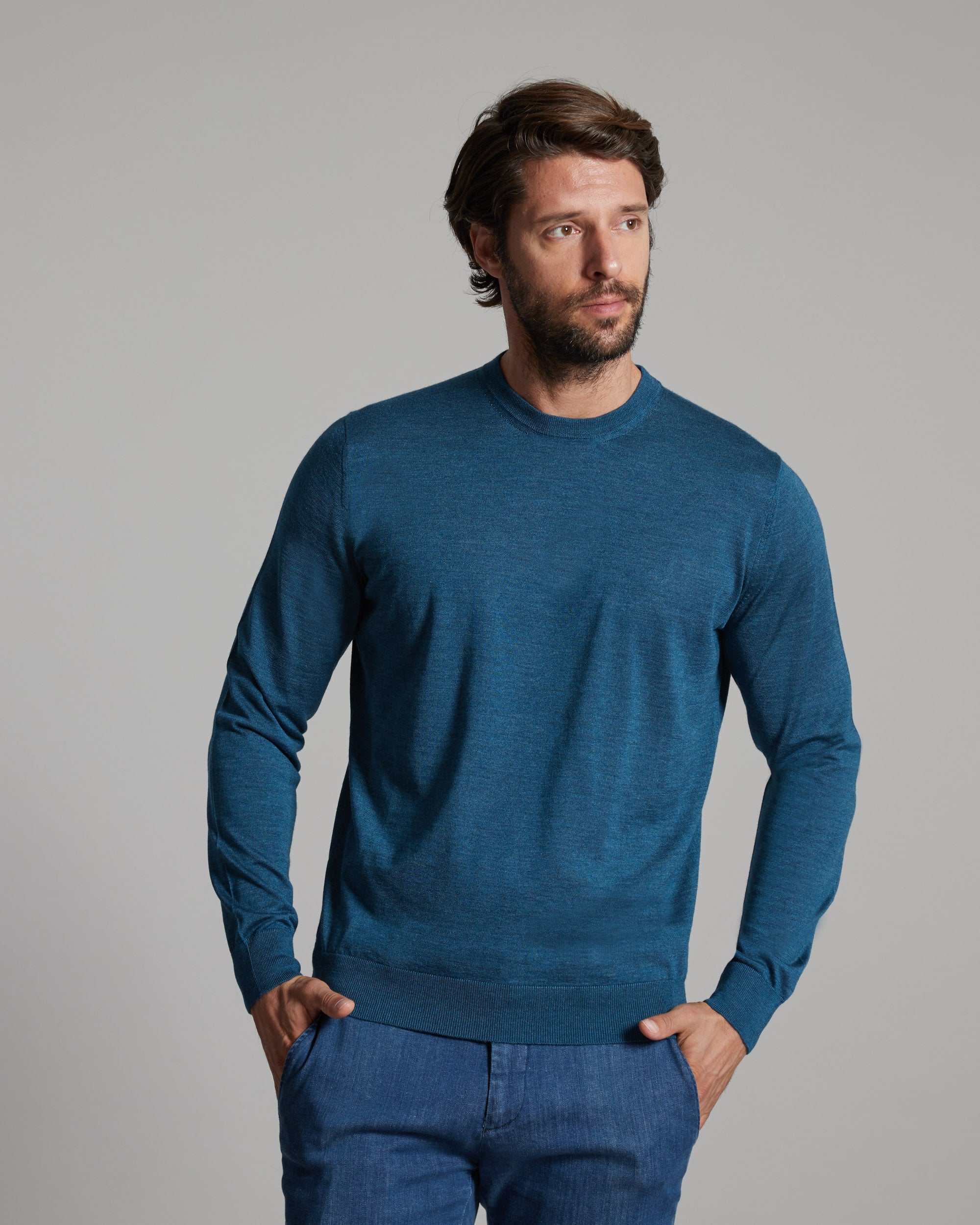 Teal Blue cashmere and silk men's round-neck sweater