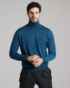 Cobalt blue cashmere and silk men's turtleneck sweater