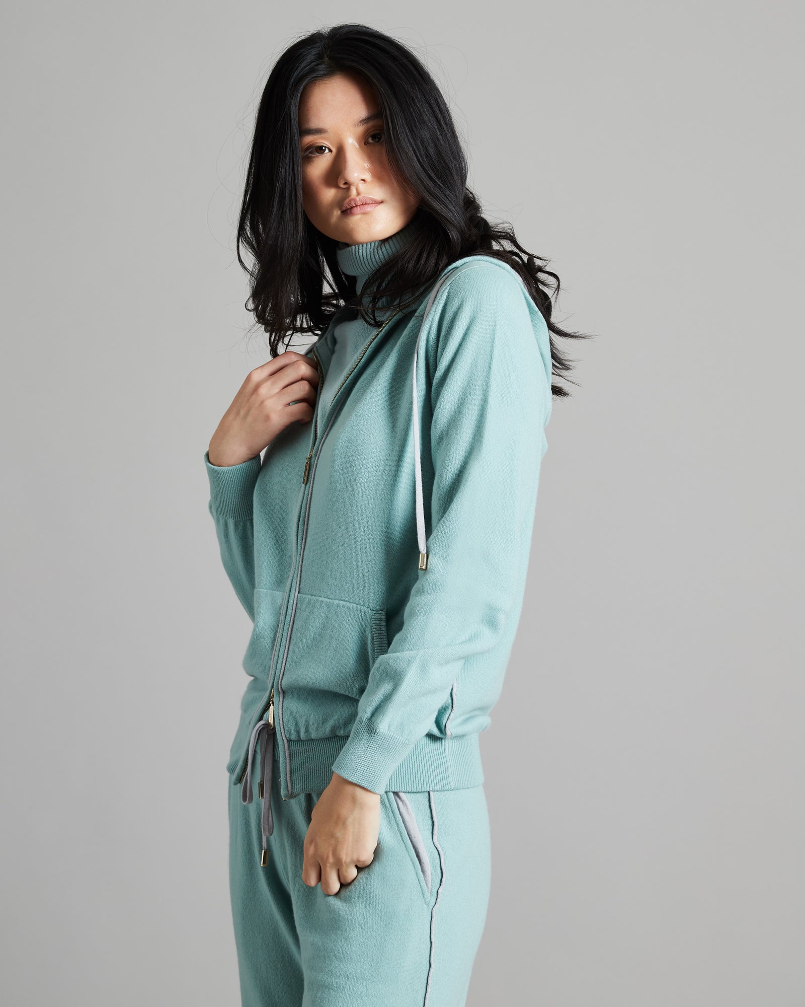 Aqua Green Kid Cashmere hoodie with cashmere and silk profiles