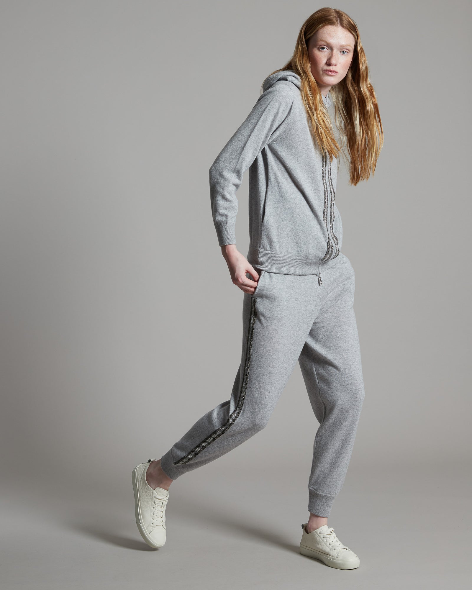 Grey Kid Cashmere hoodie with sparkling embroidered bands