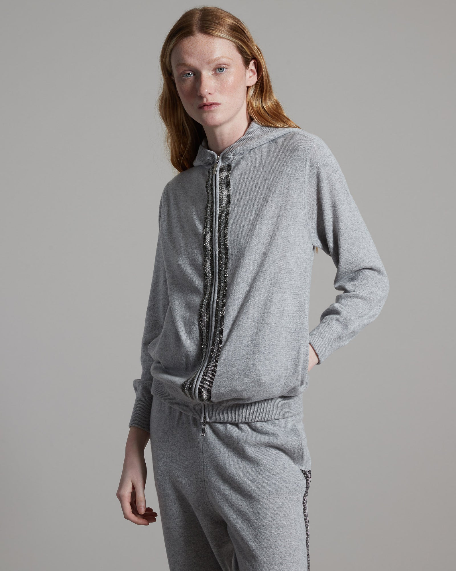 Grey Kid Cashmere hoodie with sparkling embroidered bands